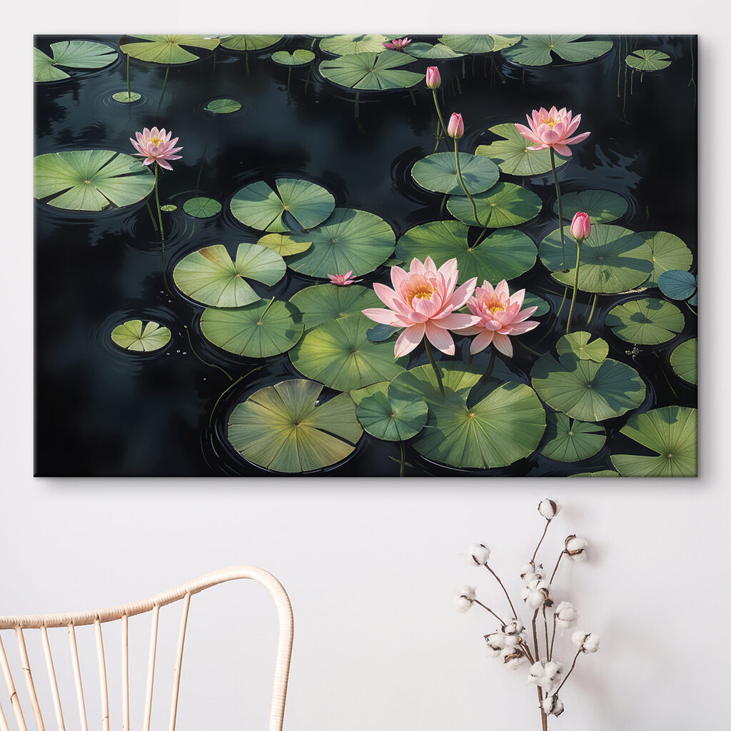 Group of pink flowers and green leaves in a pond