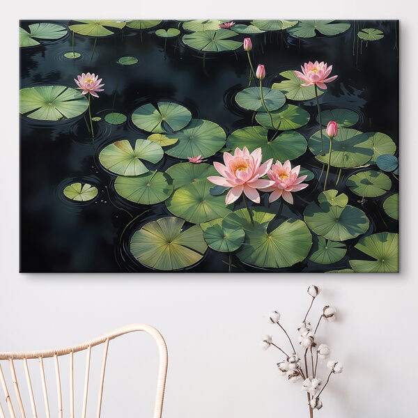 Group of pink flowers and green leaves in a pond