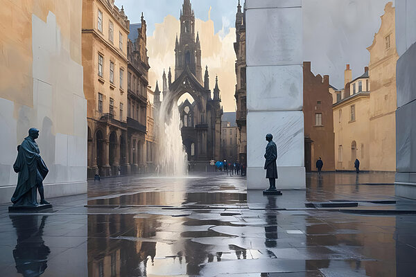 Fountain in a courtyard with a statue in the middle Fountain in a courtyard with a statue in the middle