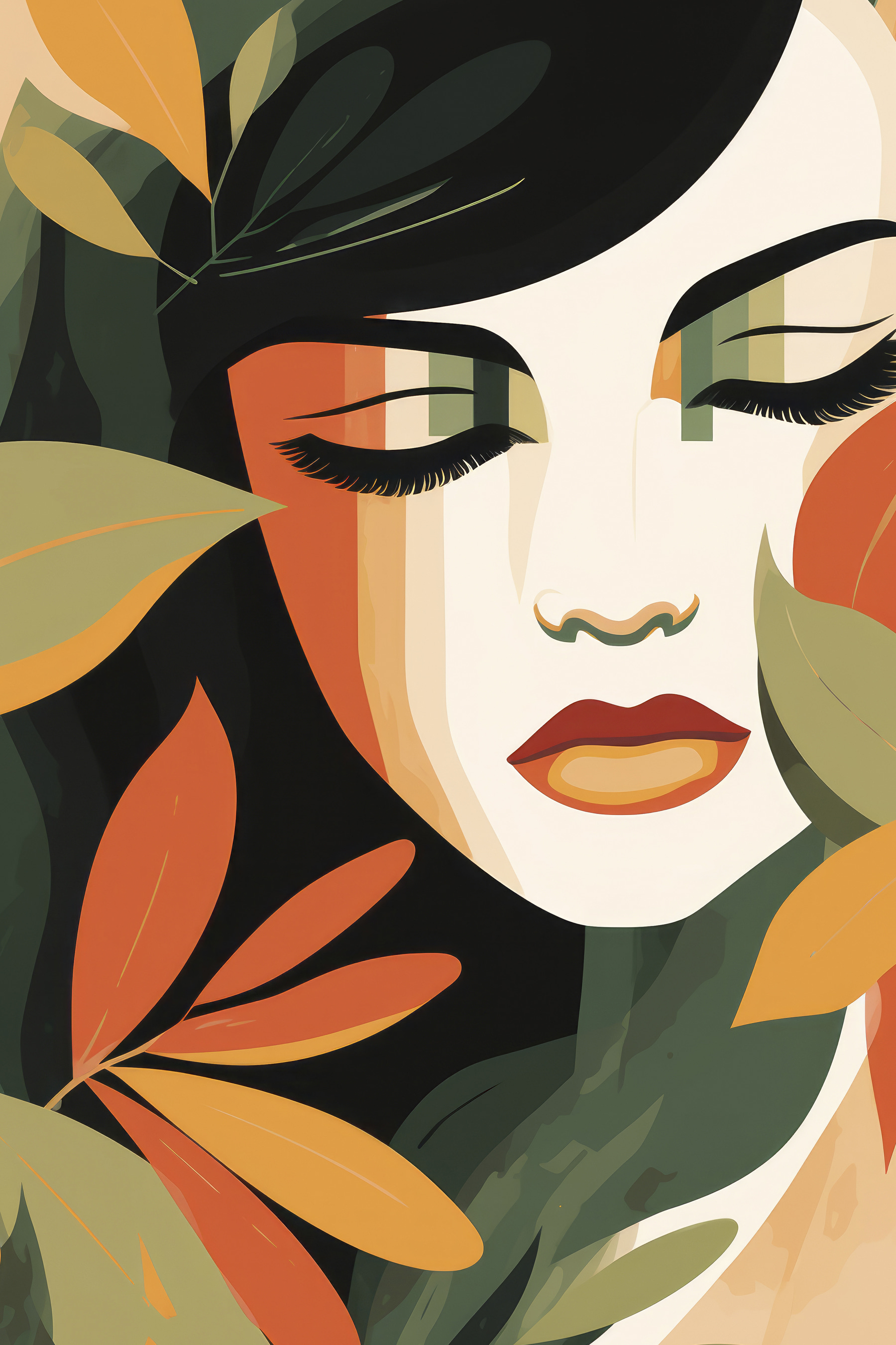 Woman with eyes closed and leaves around her face Woman with eyes closed and leaves around her face