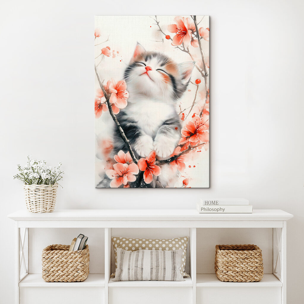 Cat sitting on a tree with flowers Cat sitting on a tree with flowers