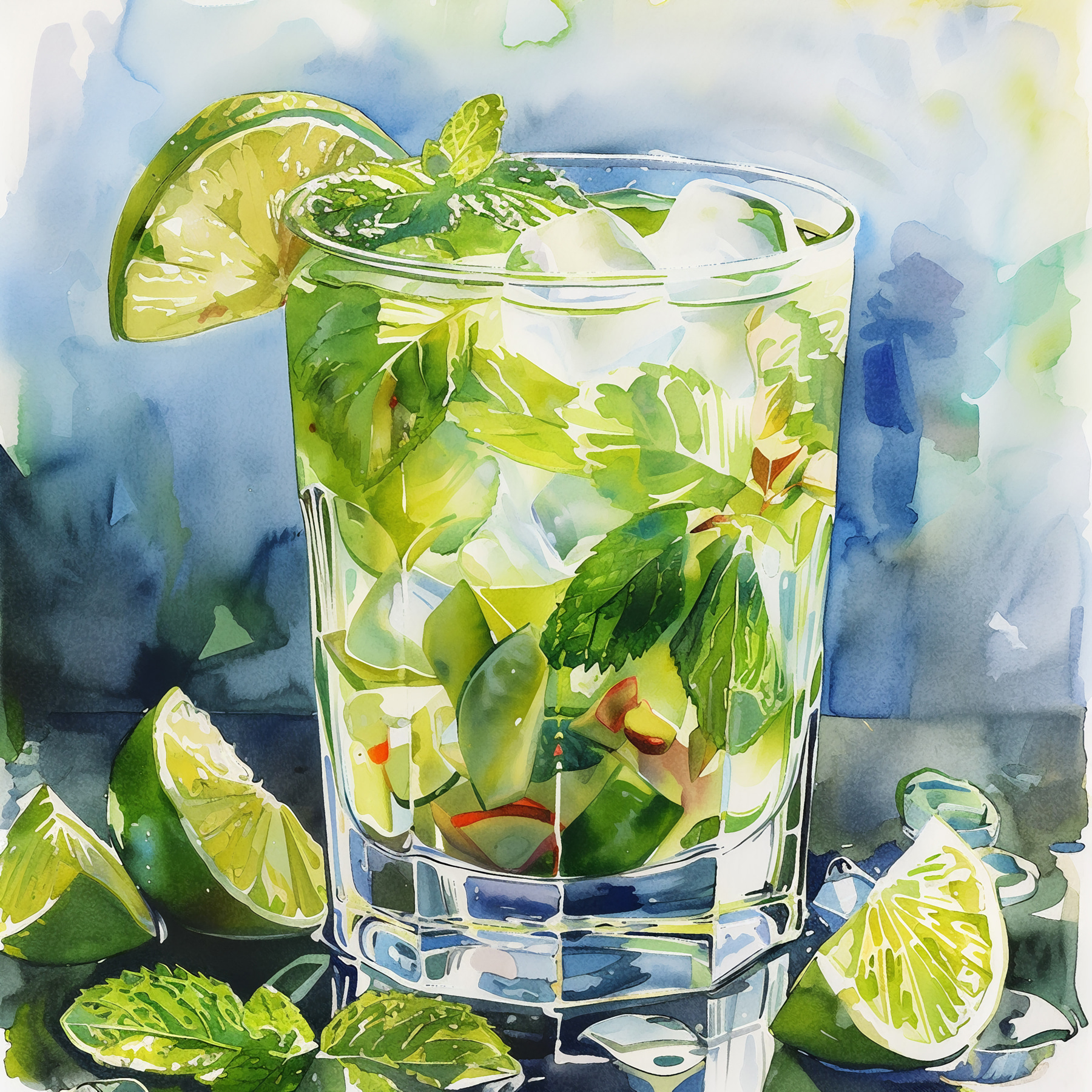 Glass of water with limes and mint leaves