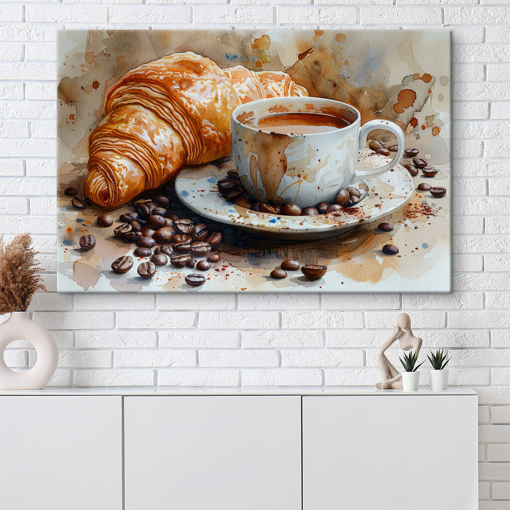 Watercolor of a cup of coffee and a croissant