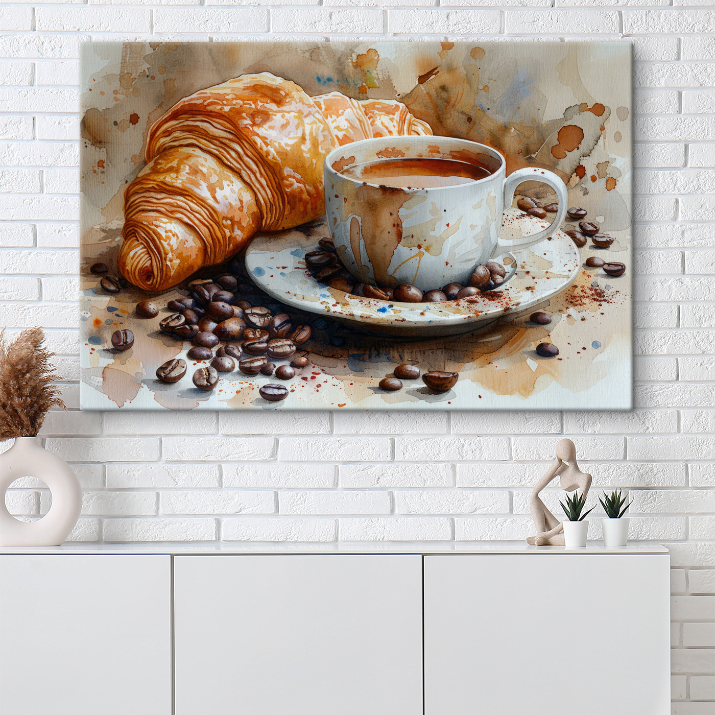 Watercolor of a cup of coffee and a croissant