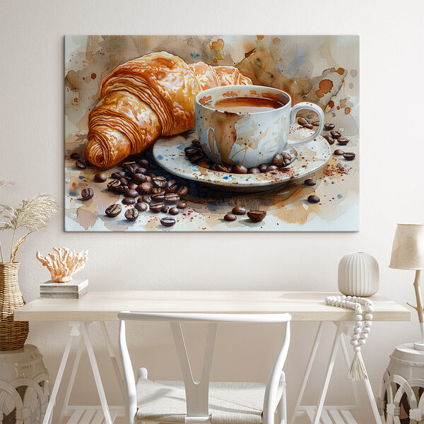 Watercolor of a cup of coffee and a croissant
