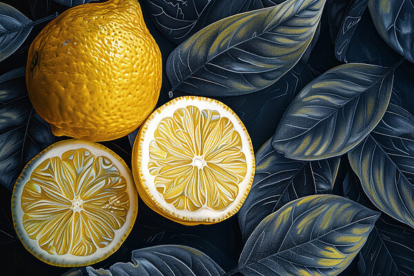 Lemon cut in half with leaves on it Lemon cut in half with leaves on it
