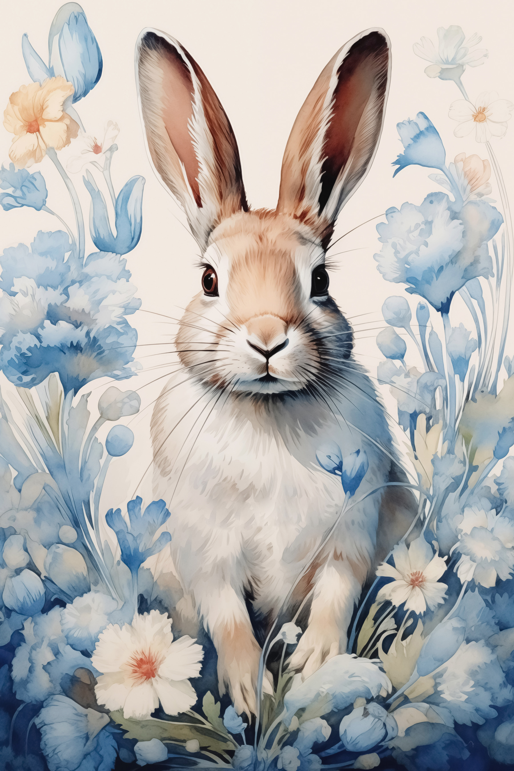 Painting of a rabbit surrounded by flowers
