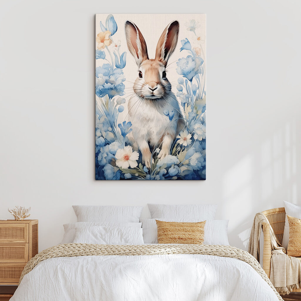 Painting of a rabbit surrounded by flowers