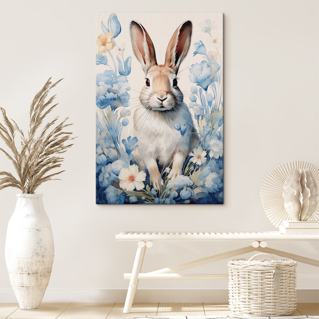 Painting of a rabbit surrounded by flowers