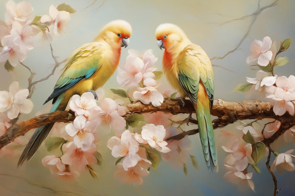 Two birds on a branch with flowers Two birds on a branch with flowers