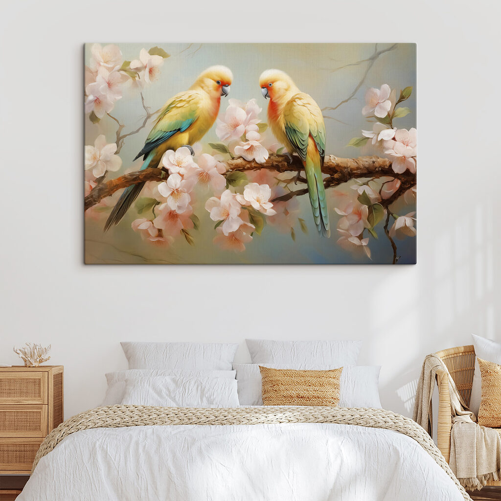 Two birds on a branch with flowers Two birds on a branch with flowers