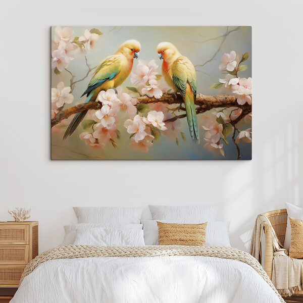 Two birds on a branch with flowers Two birds on a branch with flowers
