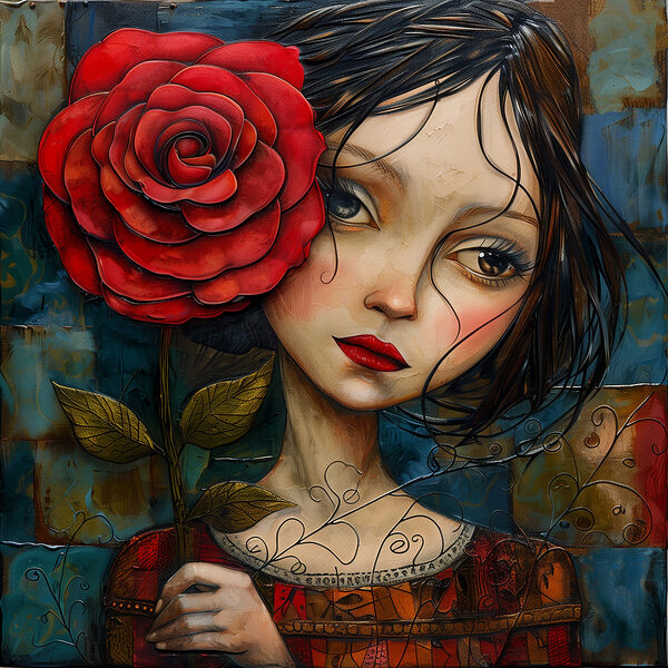 Painting of a girl holding a rose
