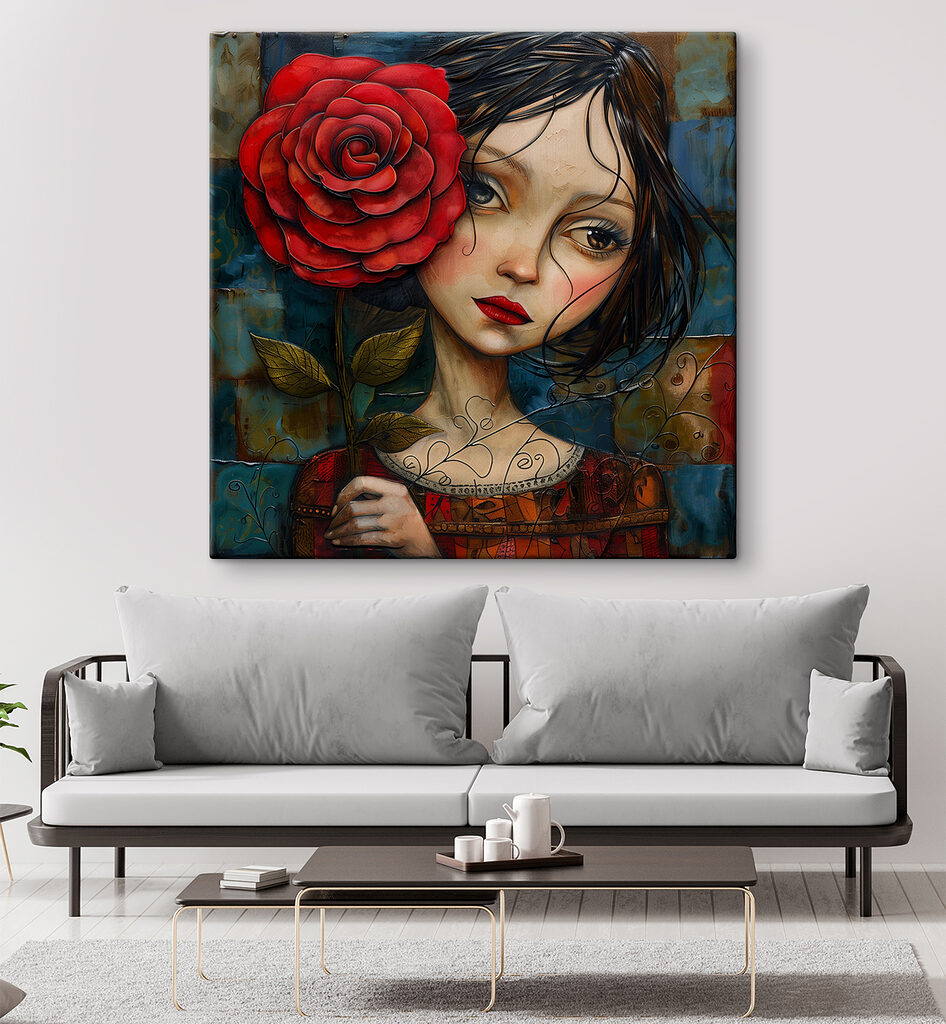 Painting of a girl holding a rose