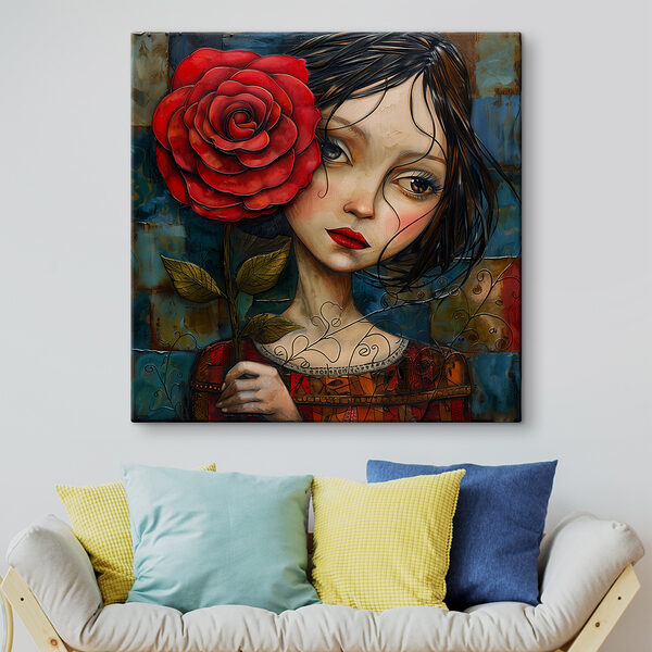 Painting of a girl holding a rose