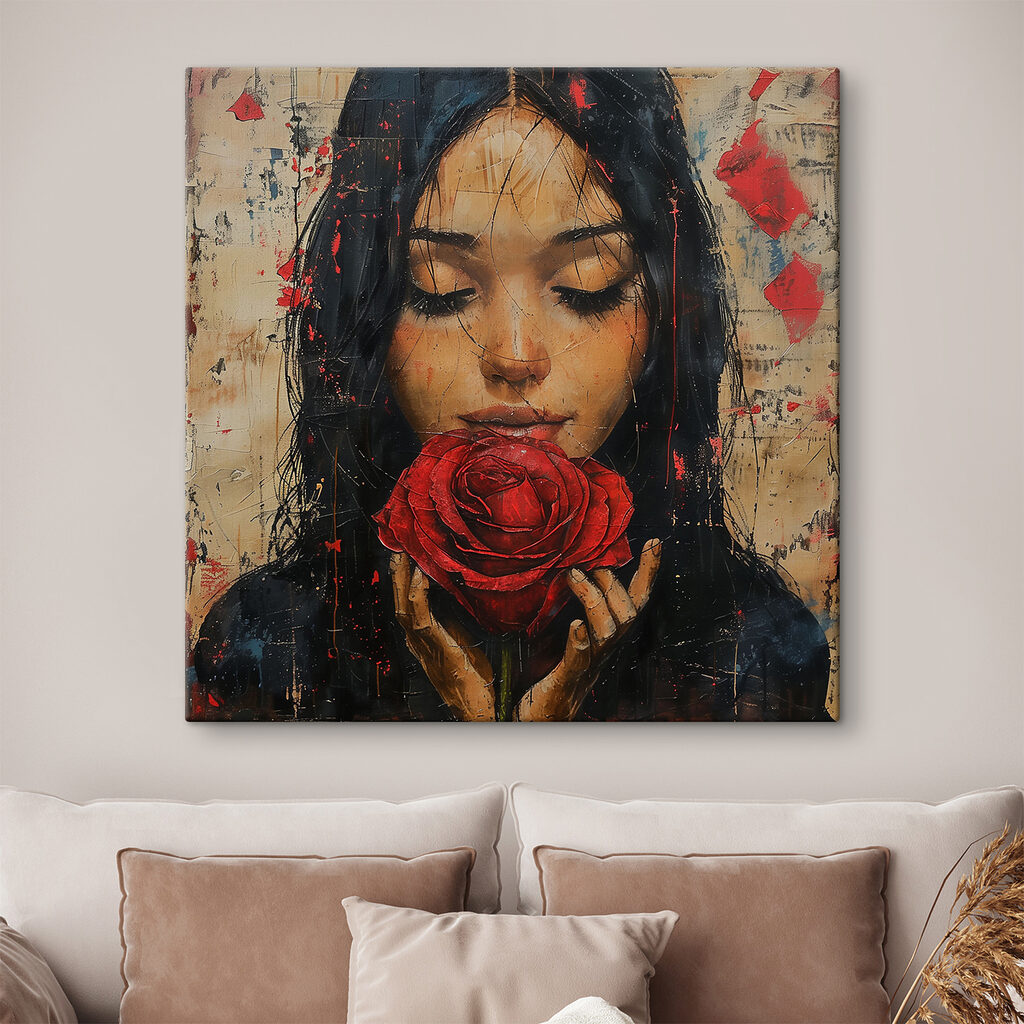 Painting of a woman holding a red rose Painting of a woman holding a red rose