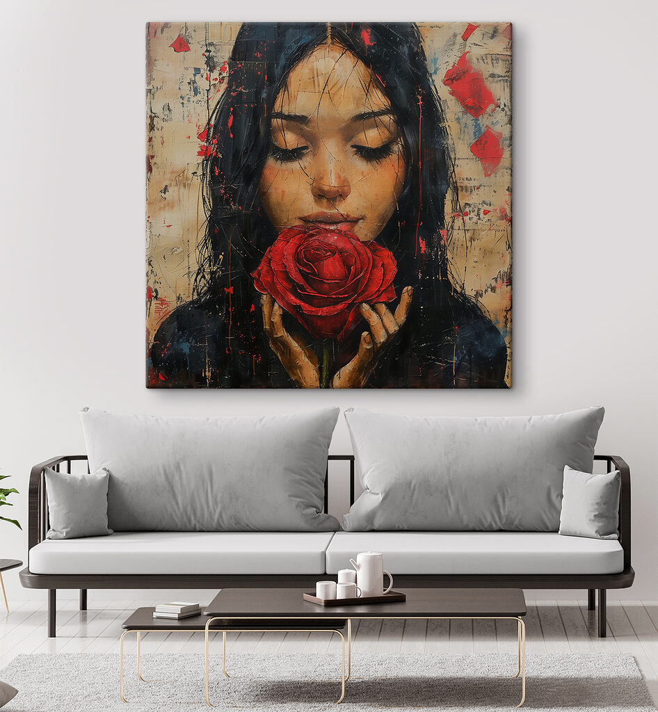 Painting of a woman holding a red rose Painting of a woman holding a red rose