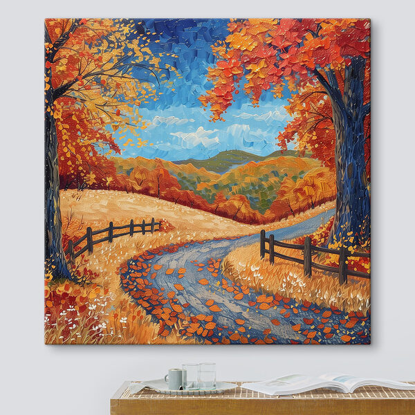 Painting of a road with trees and a fence Painting of a road with trees and a fence