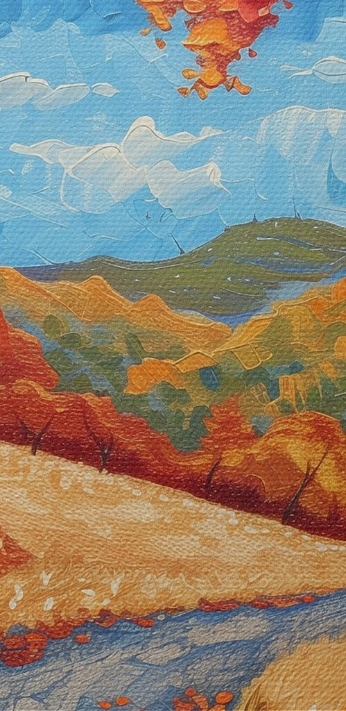 Painting of a road with trees and a fence Painting of a road with trees and a fence