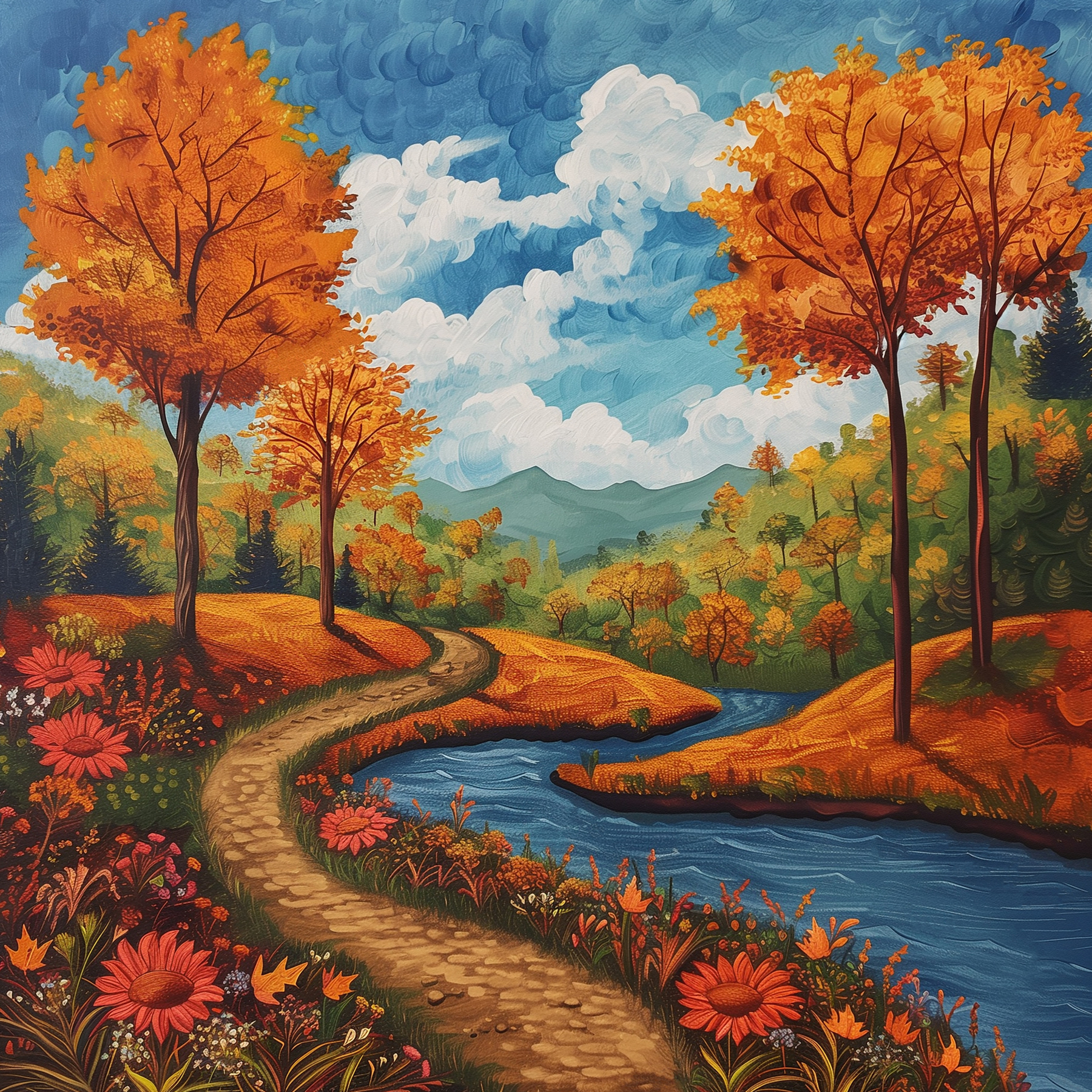Painting of a river running through a forest Painting of a river running through a forest