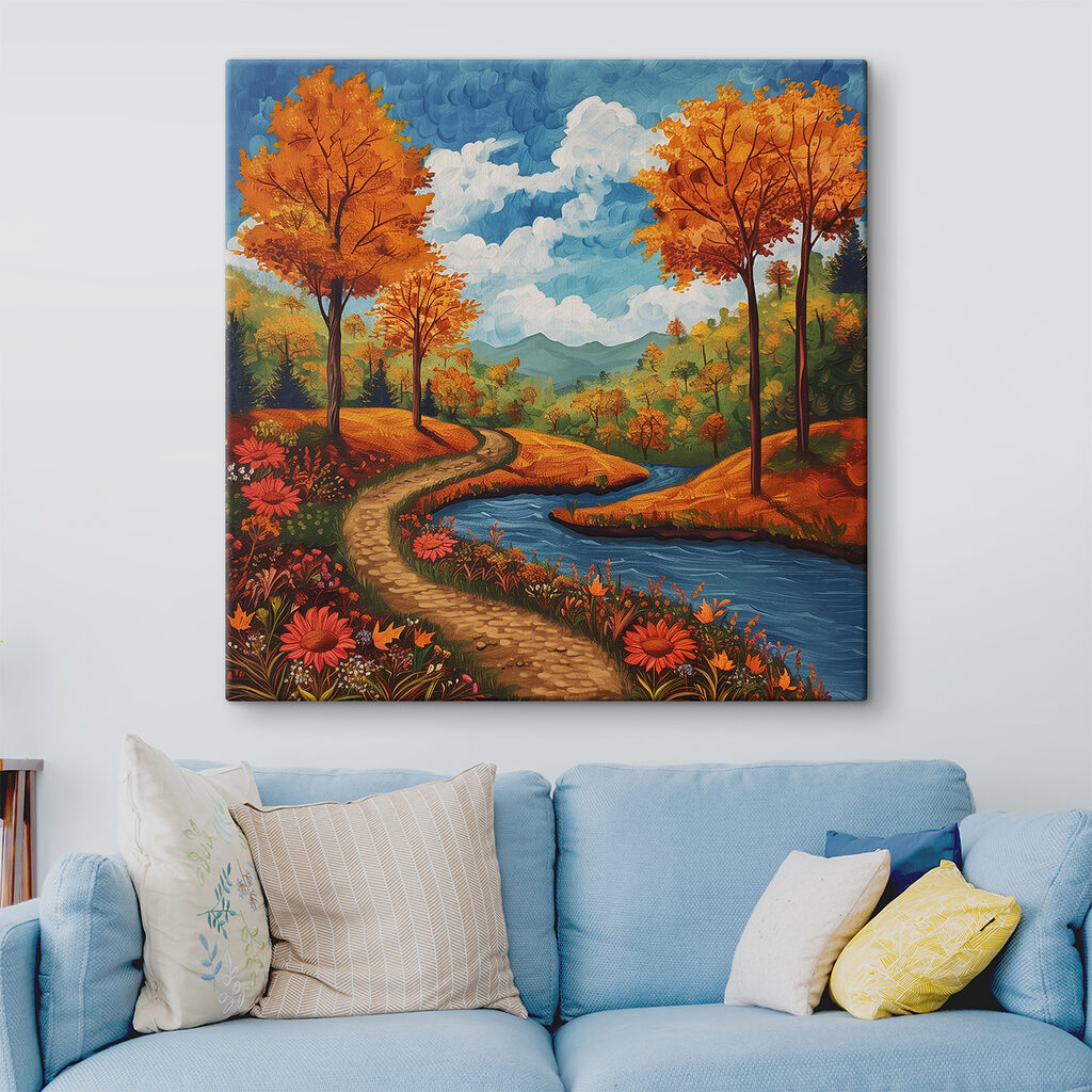 Painting of a river running through a forest Painting of a river running through a forest