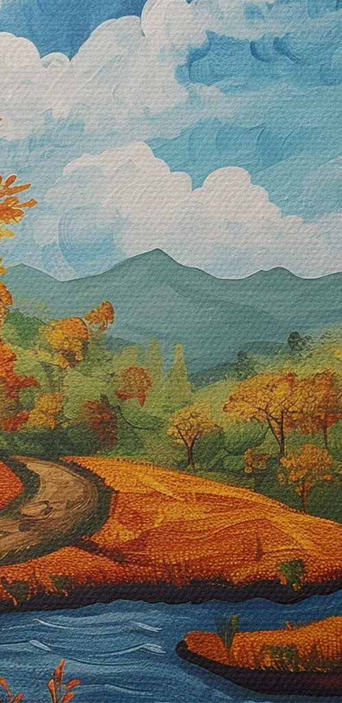 Painting of a river running through a forest Painting of a river running through a forest