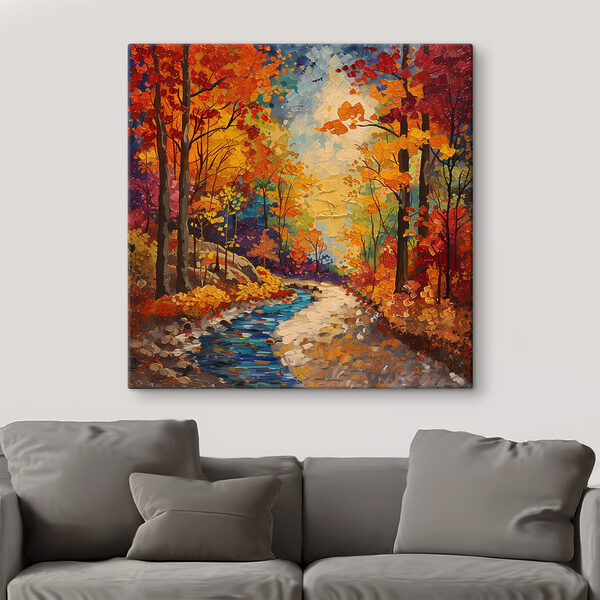 Painting of a river running through a forest