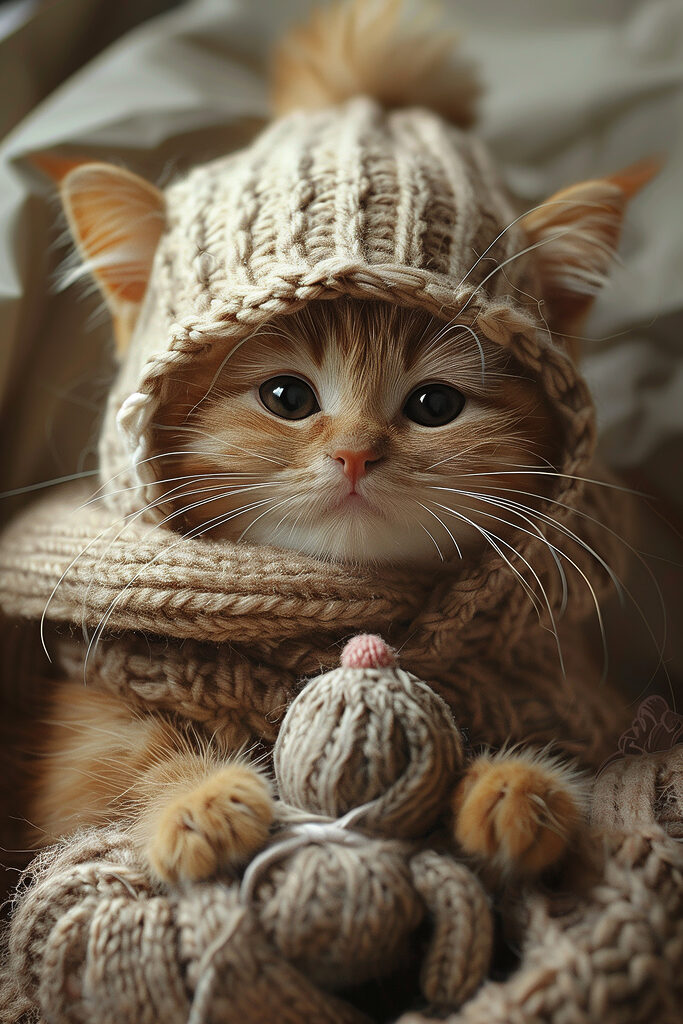Cat wearing a knitted hat and scarf Cat wearing a knitted hat and scarf