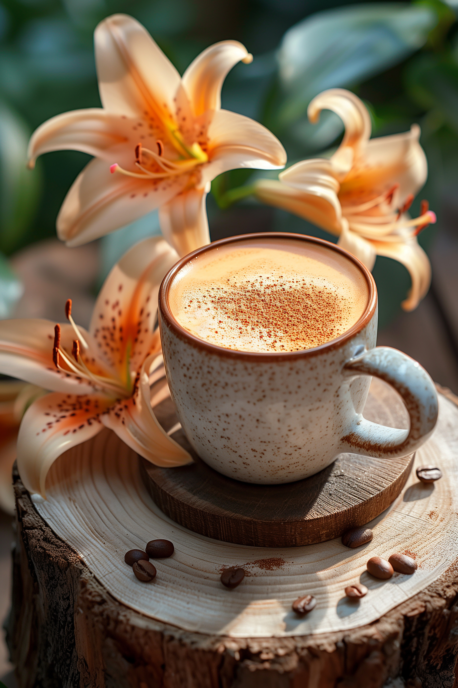 Coffee cup with a foamy foam on top of a wood stump with flowers Coffee cup with a foamy foam on top of a wood stump with flowers