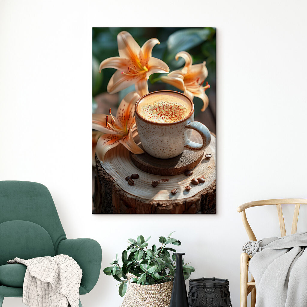 Coffee cup with a foamy foam on top of a wood stump with flowers Coffee cup with a foamy foam on top of a wood stump with flowers