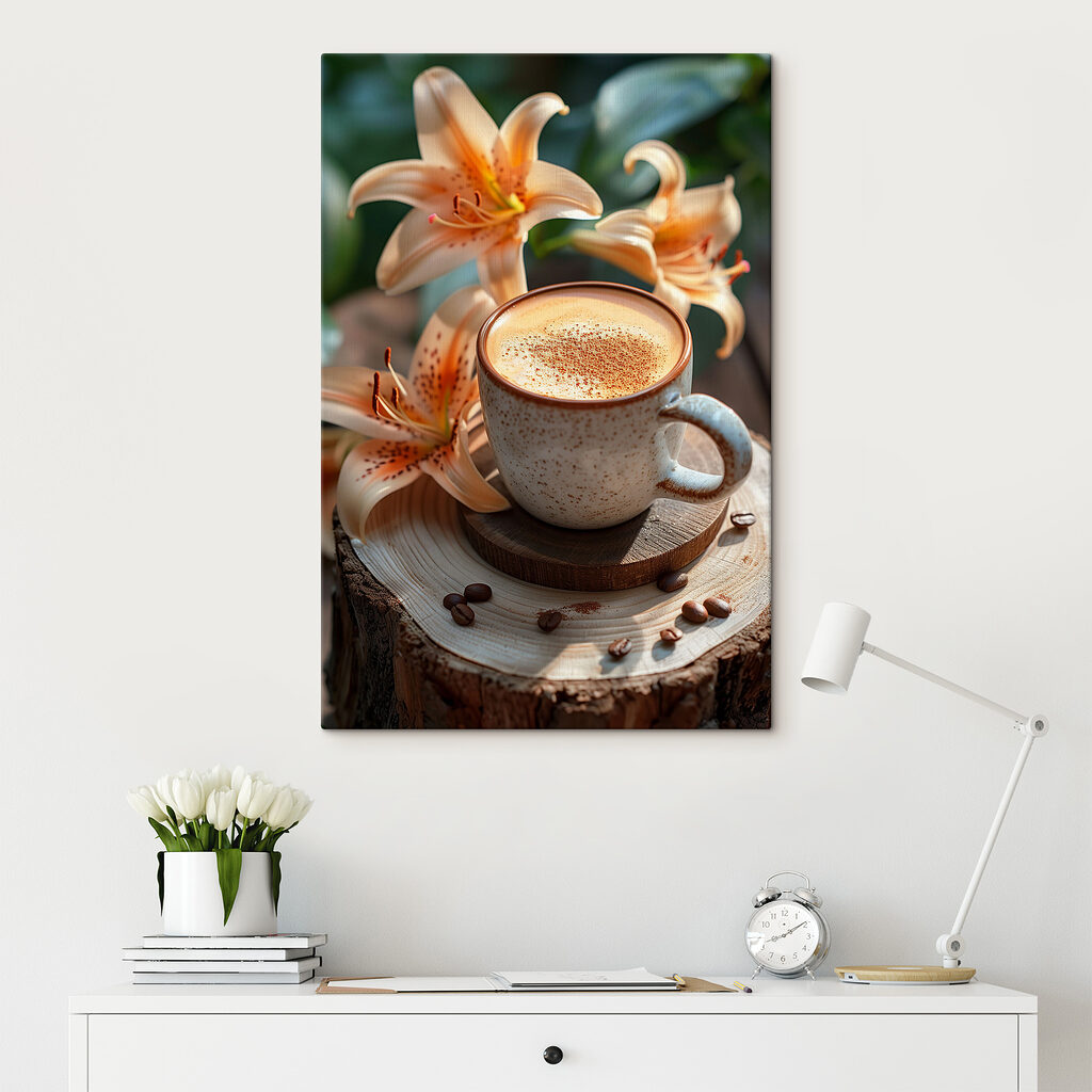 Coffee cup with a foamy foam on top of a wood stump with flowers Coffee cup with a foamy foam on top of a wood stump with flowers