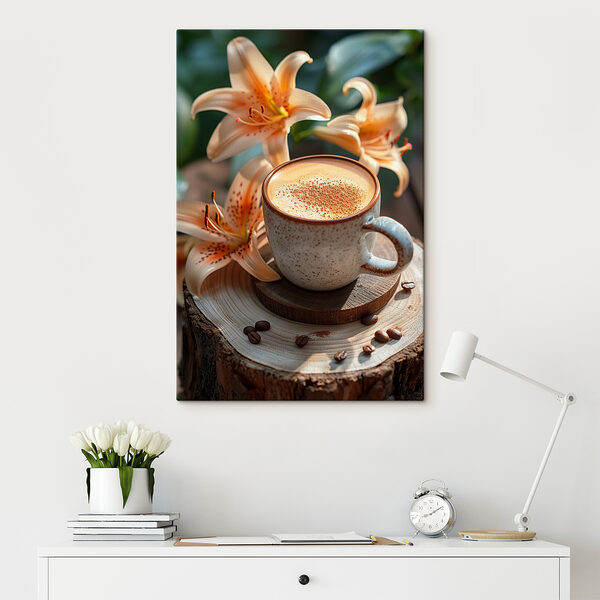Coffee cup with a foamy foam on top of a wood stump with flowers Coffee cup with a foamy foam on top of a wood stump with flowers