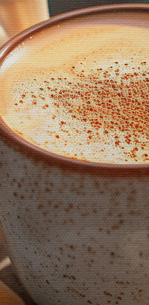 Coffee cup with a foamy foam on top of a wood stump with flowers Coffee cup with a foamy foam on top of a wood stump with flowers