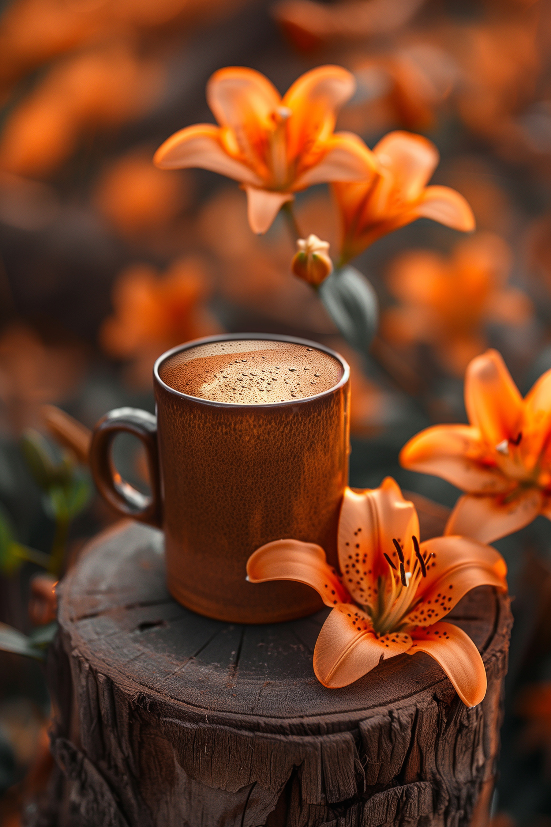 Coffee cup and orange flowers Coffee cup and orange flowers