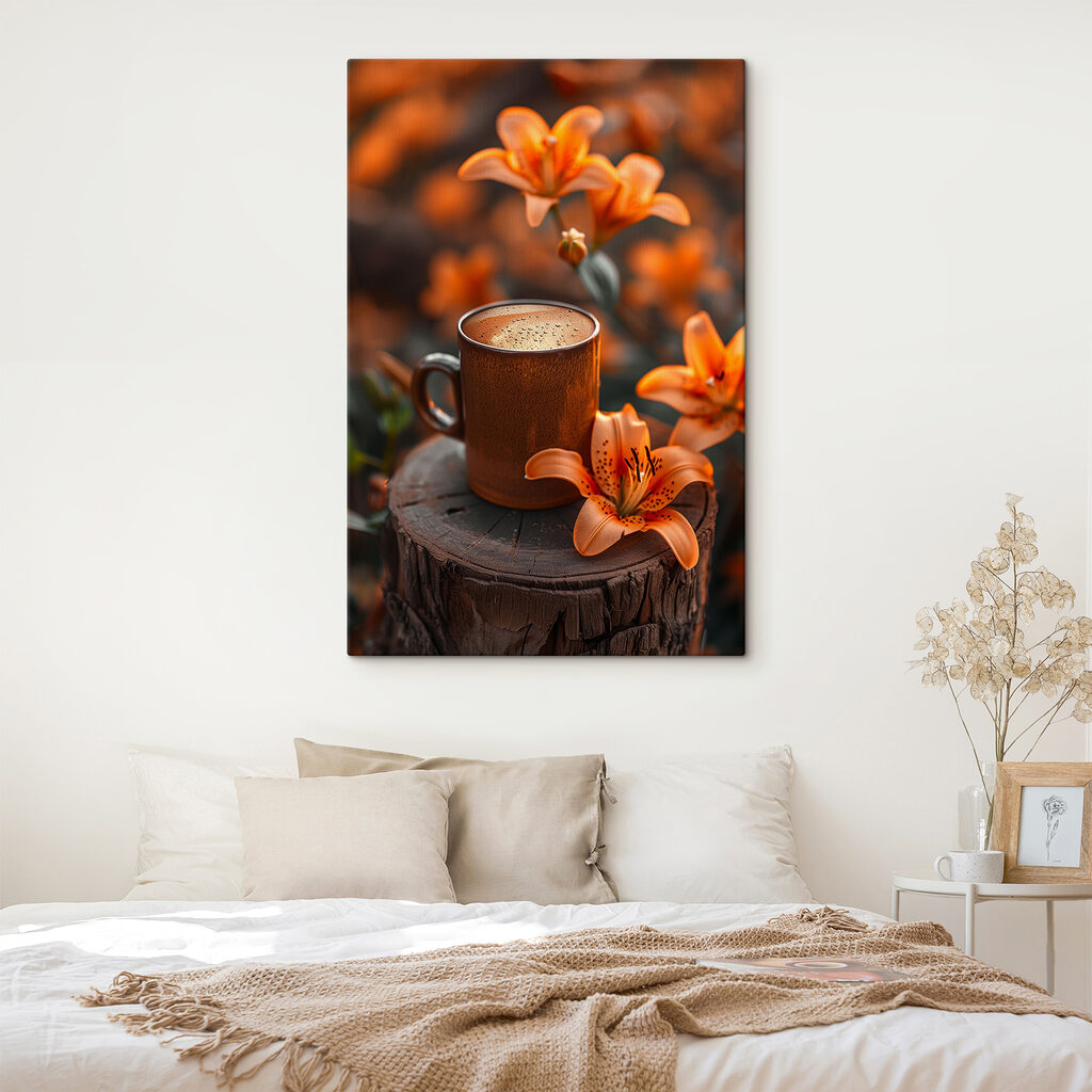 Coffee cup and orange flowers Coffee cup and orange flowers