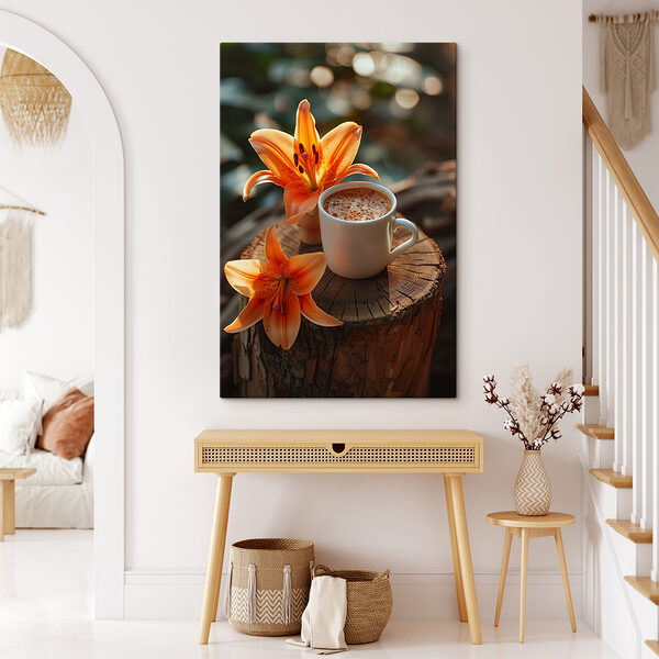 Cup of coffee and orange flowers