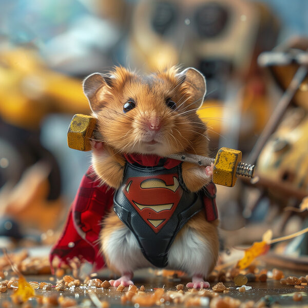 Hamster wearing a superhero garment holding a barbell