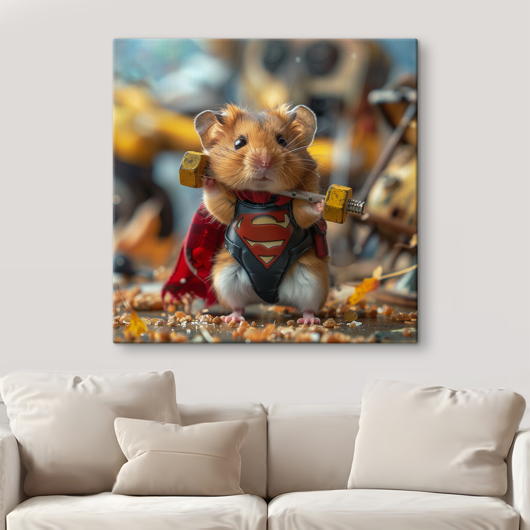 Hamster wearing a superhero garment holding a barbell