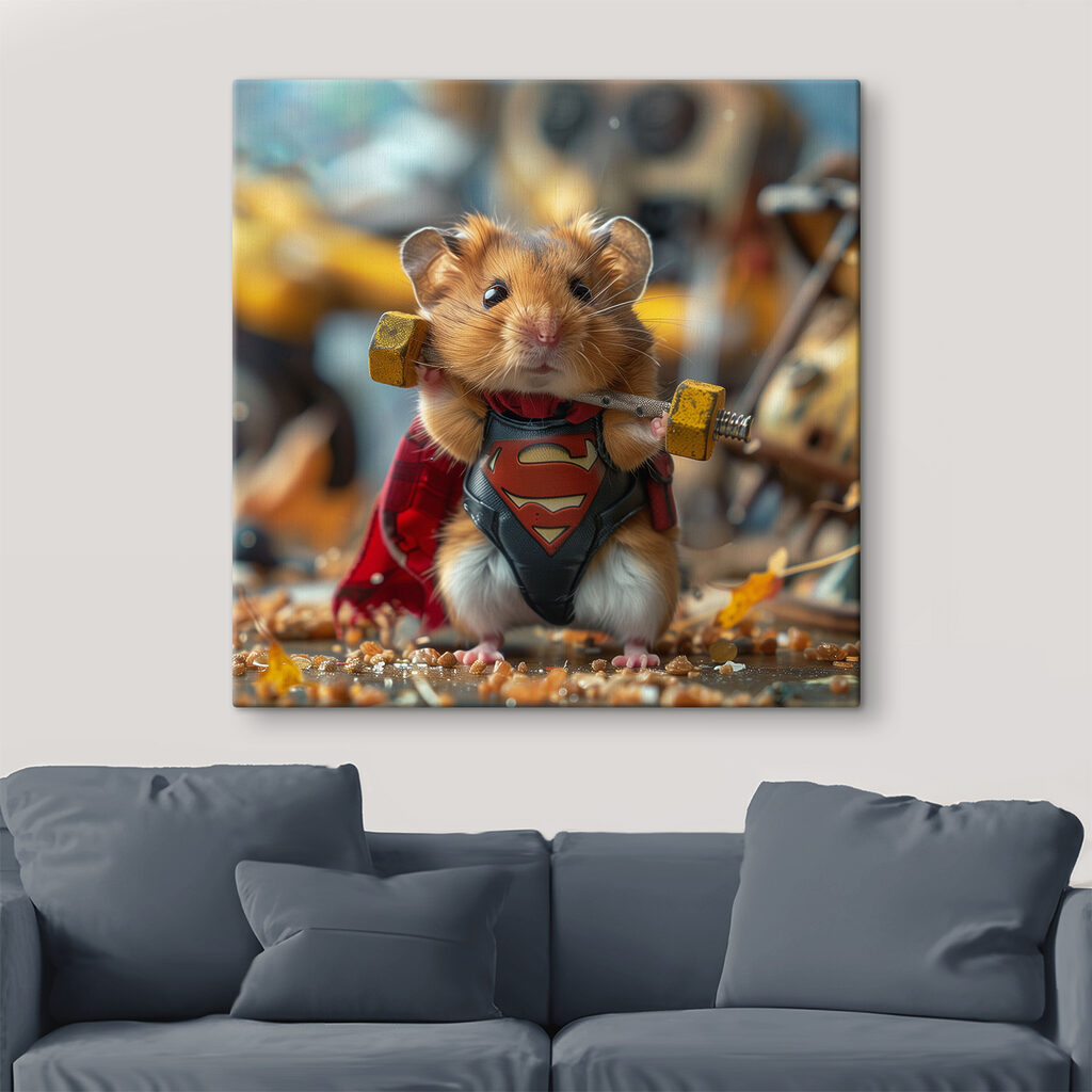 Hamster wearing a superhero garment holding a barbell
