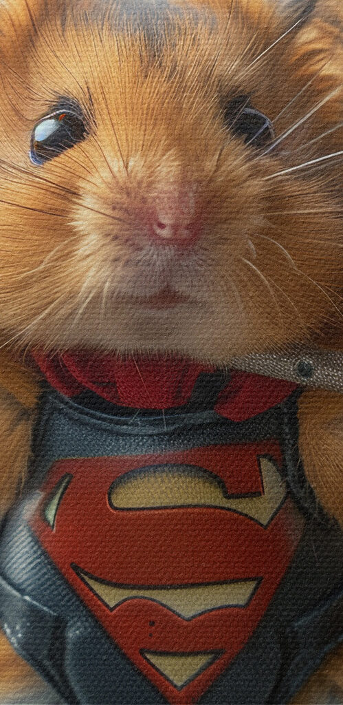 Hamster wearing a superhero garment holding a barbell