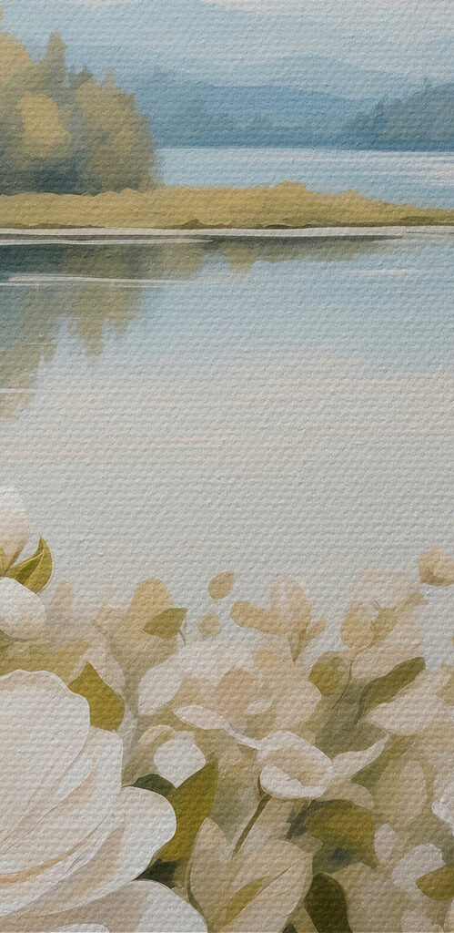 Painting of flowers by a lake Painting of flowers by a lake