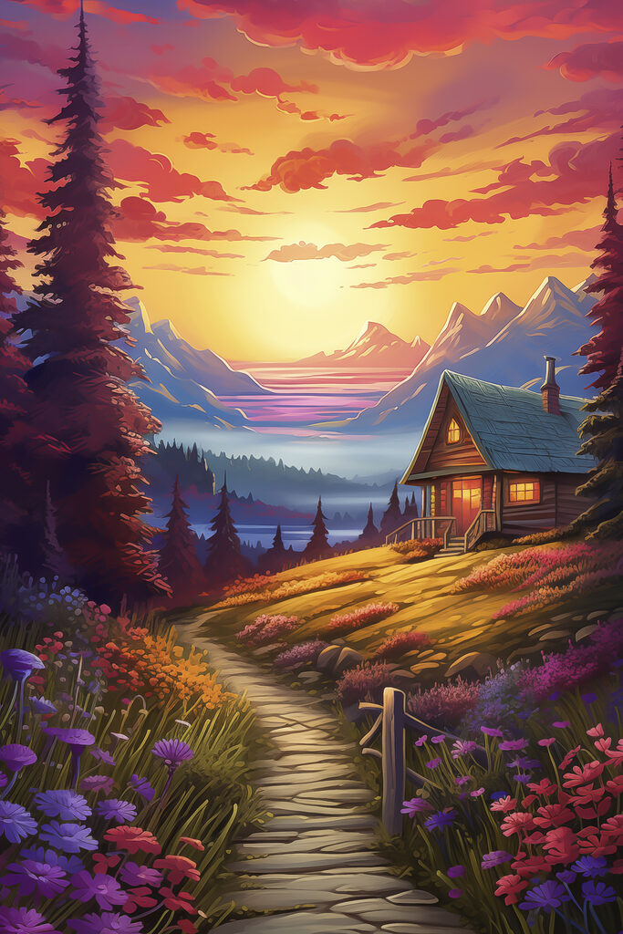 House on a hill with flowers and mountains in the background House on a hill with flowers and mountains in the background