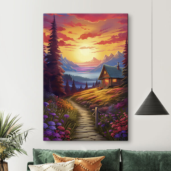 Cuadros Cuadros Casa en una colina con flores y montañas al fondo (SKU: s40940)