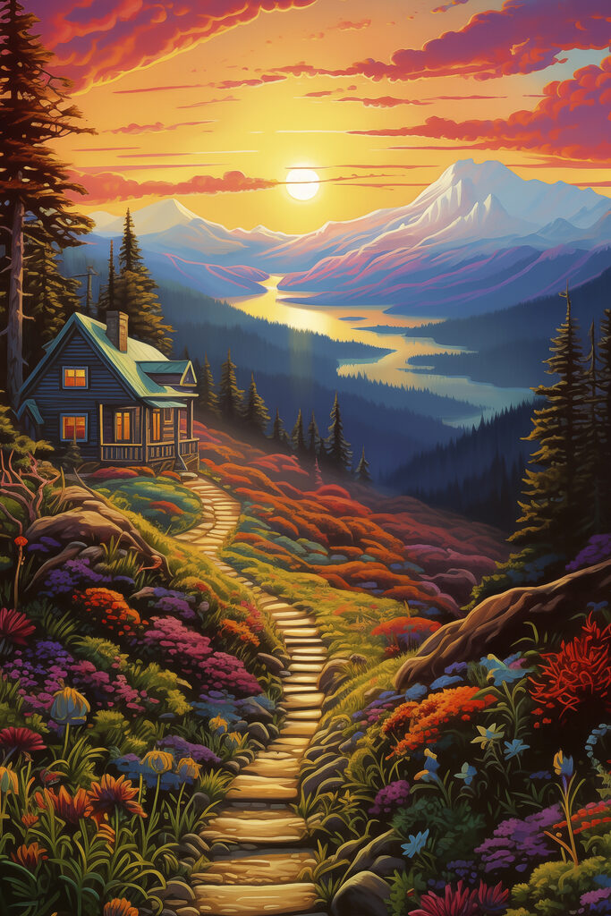 House on a hill with a path leading to a valley with mountains and a river House on a hill with a path leading to a valley with mountains and a river