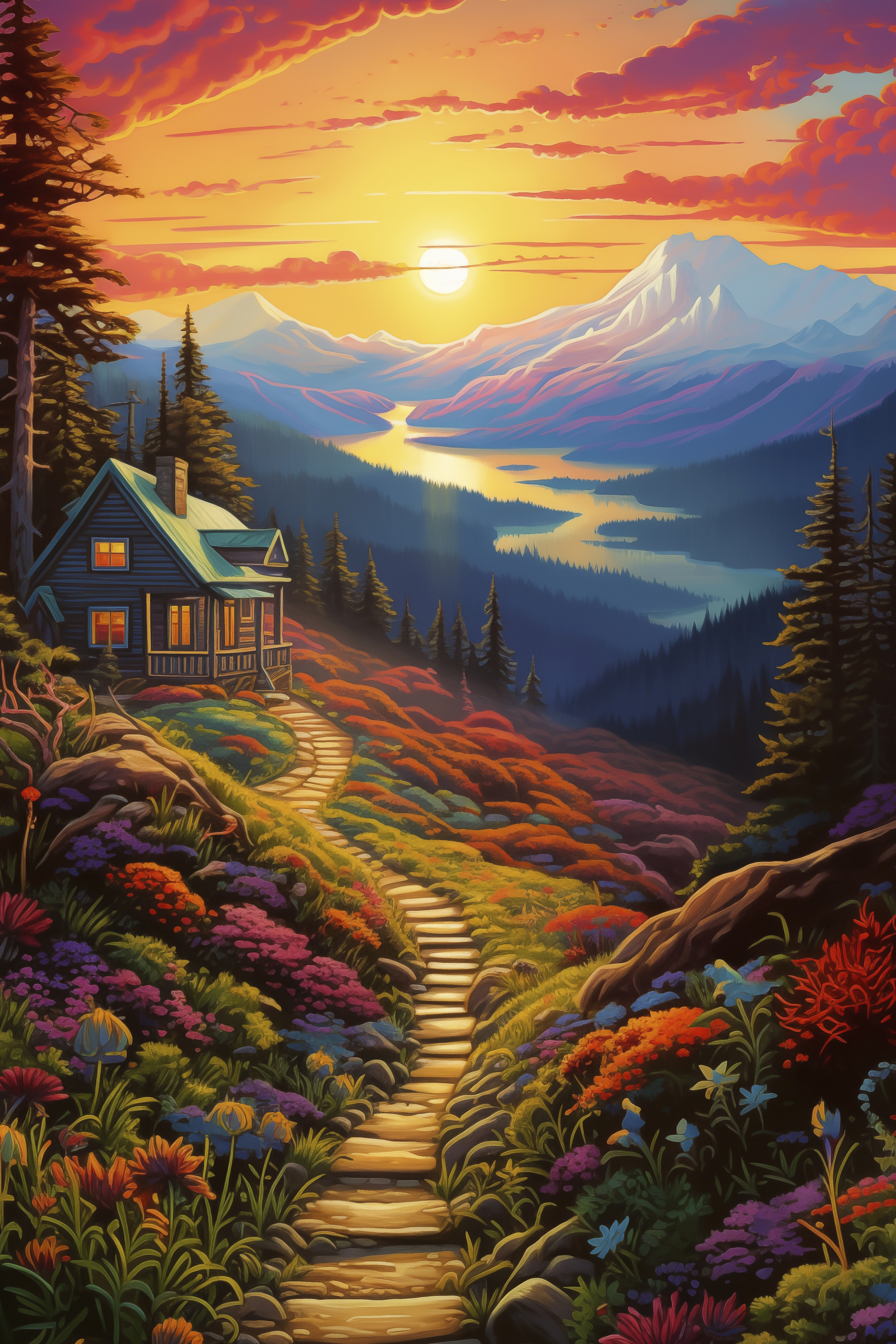 House on a hill with a path leading to a valley with mountains and a river House on a hill with a path leading to a valley with mountains and a river