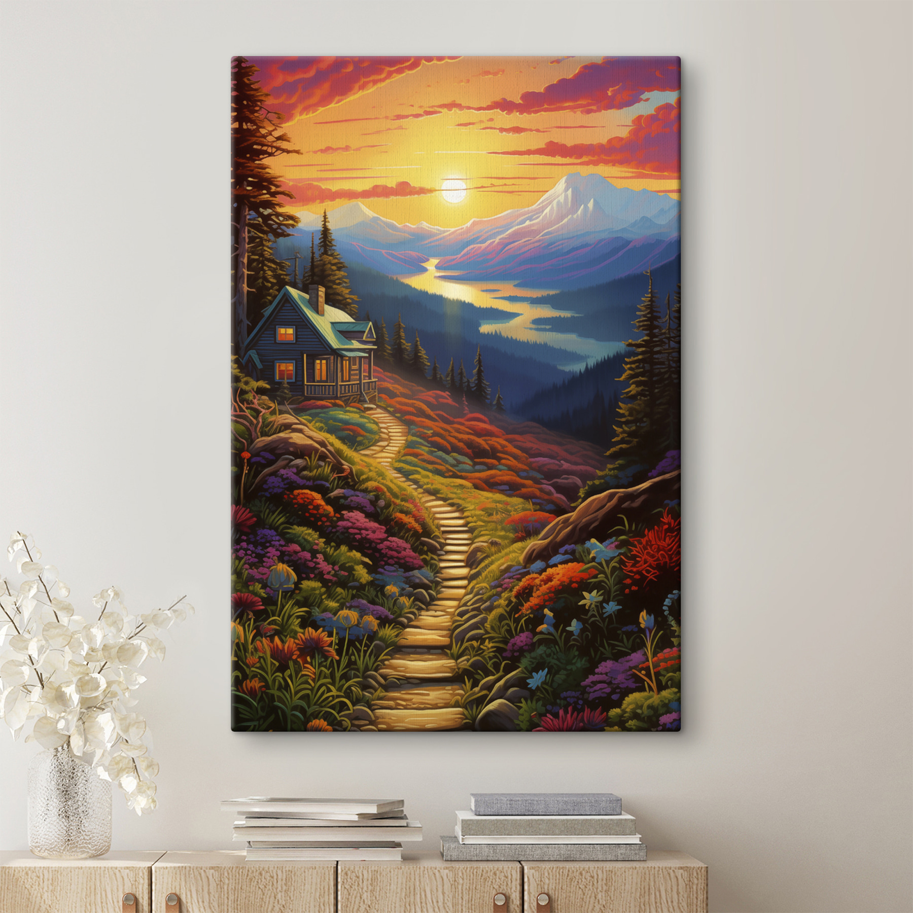 House on a hill with a path leading to a valley with mountains and a river House on a hill with a path leading to a valley with mountains and a river