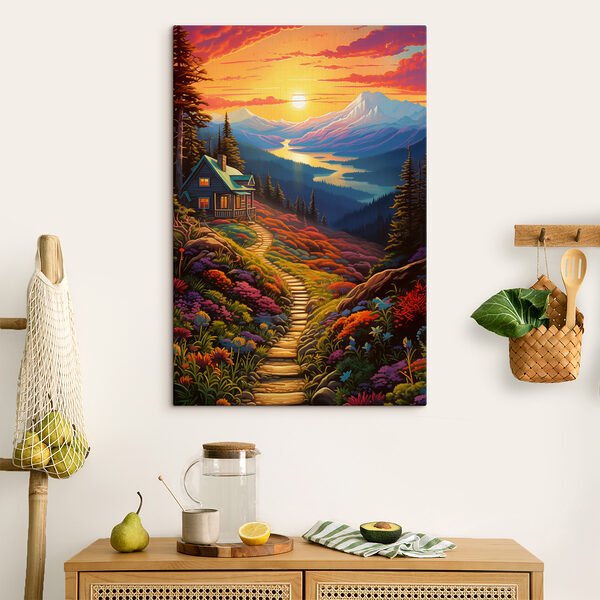 House on a hill with a path leading to a valley with mountains and a river House on a hill with a path leading to a valley with mountains and a river