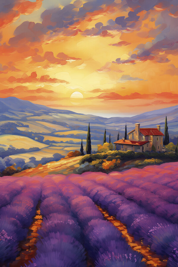 House on a hill with lavender fields