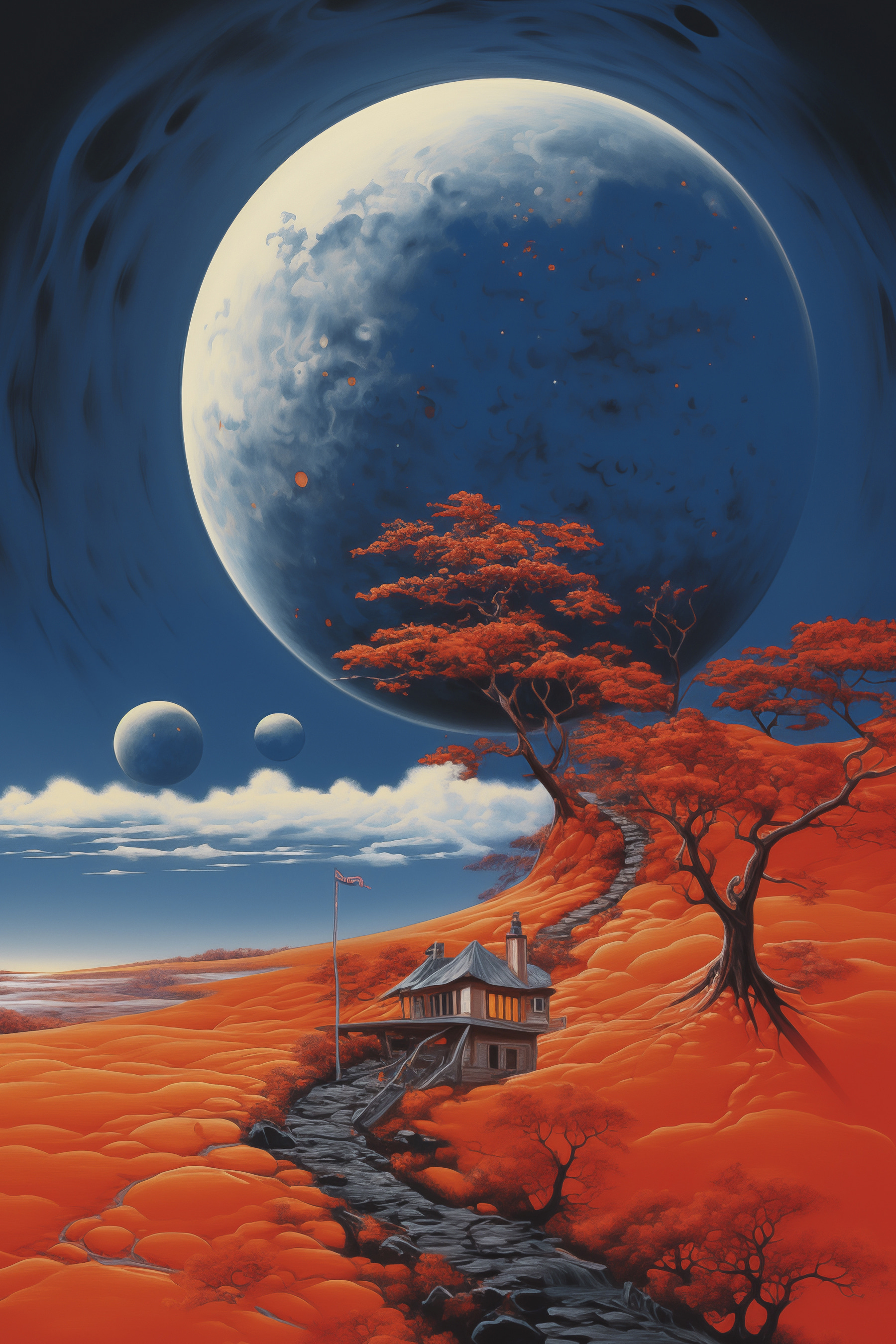 House on a hill with orange trees and a large moon