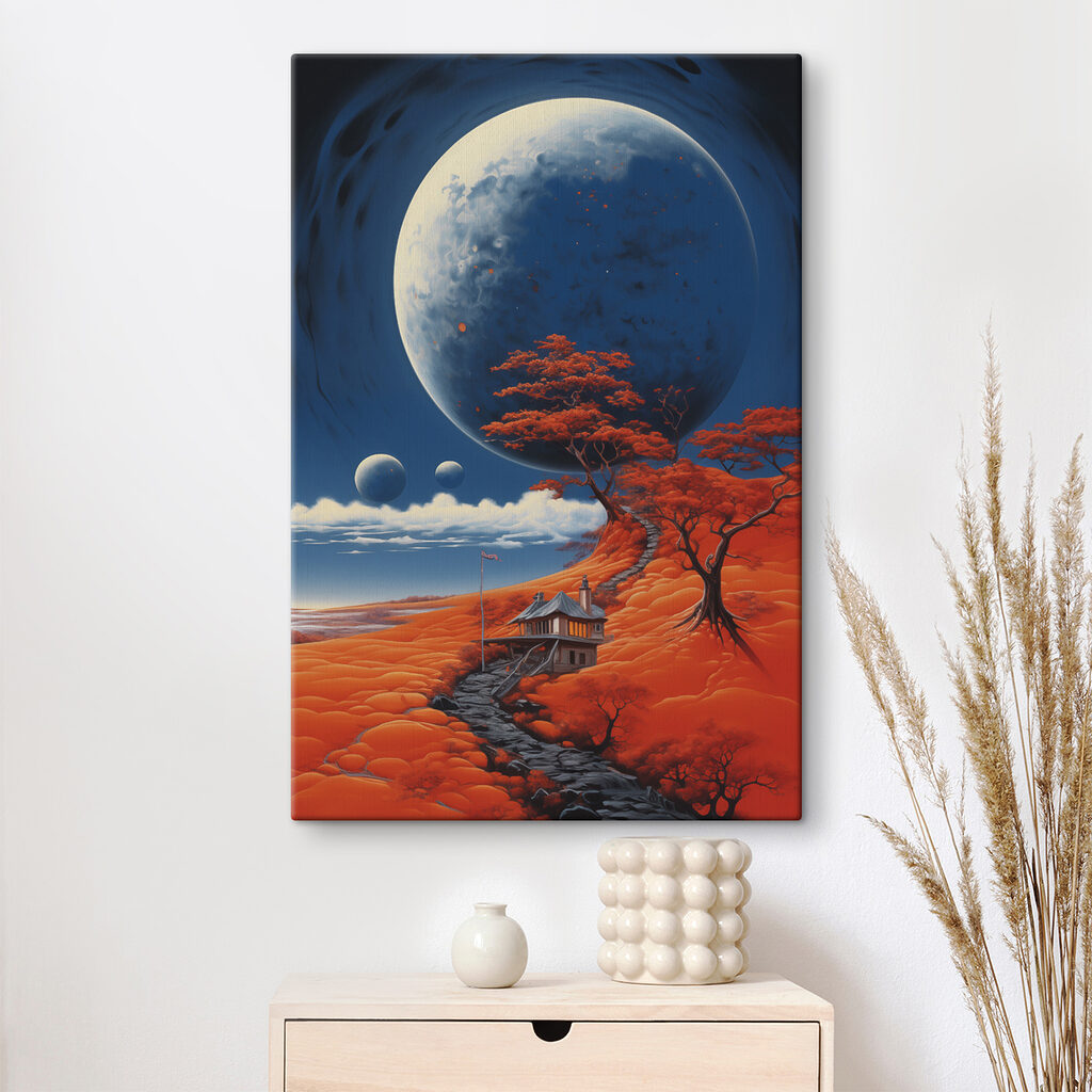 House on a hill with orange trees and a large moon